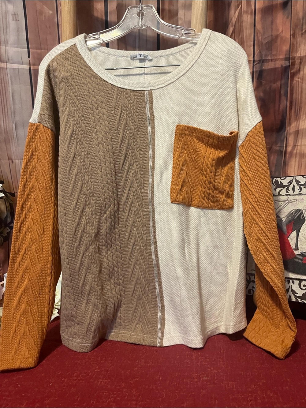 Impressions Colorblock Cable Knit Sweater in Tan, Cream & Mustard